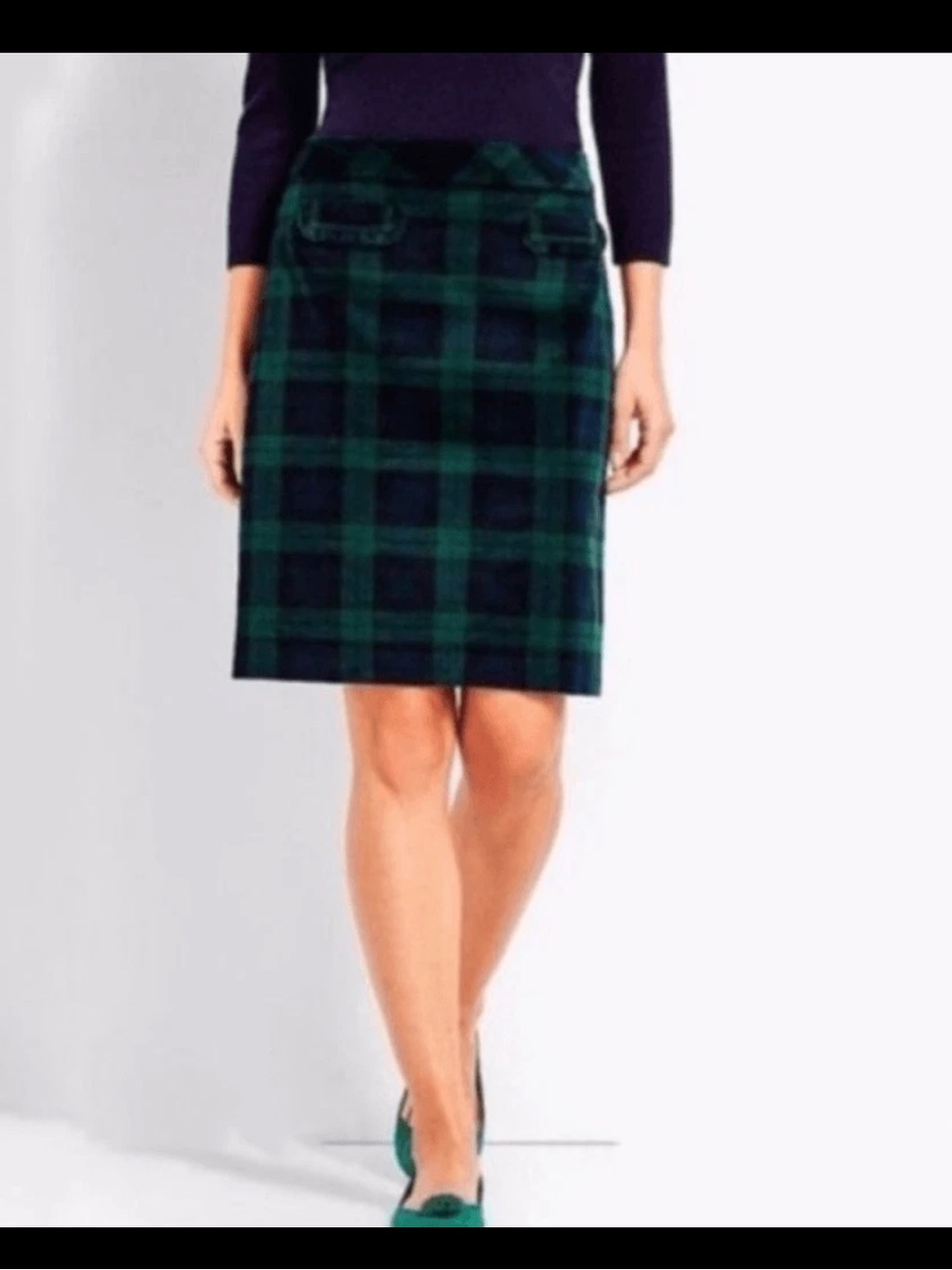 Talbots Petites 6P Black Watch Plaid Pencil Skirt Navy Green Ruffle